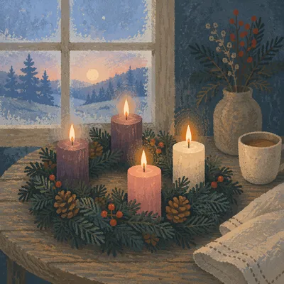 Advent Wreath Candles at Winter Dawn