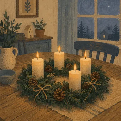 Lit Advent Wreath at Winter Dusk
