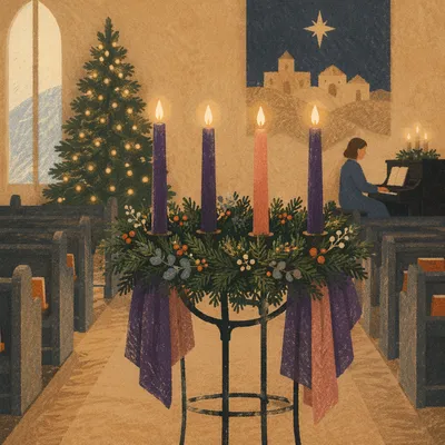 Lit Advent Wreath in Quiet Church Sanctuary
