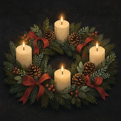 Lit Advent Wreath with Four Candles