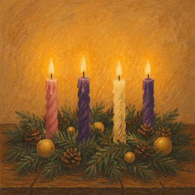 Lit Advent Wreath with Four Candles