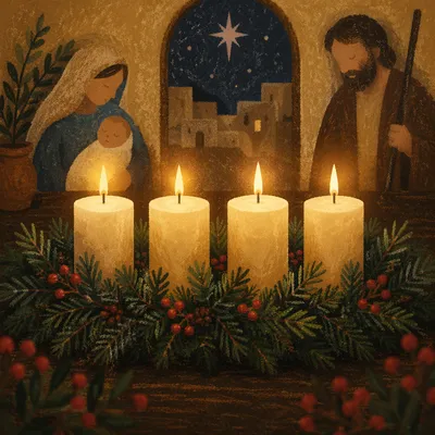 Four Lit Advent Candles with Evergreen Wreath