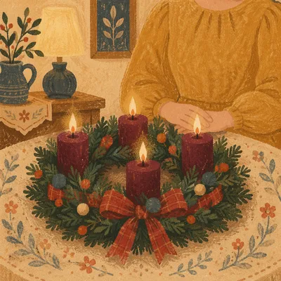 Four Lit Advent Candles on Evergreen Wreath