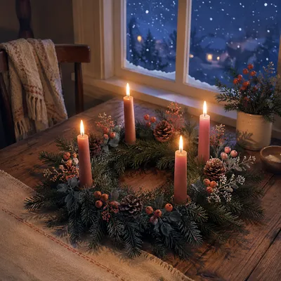 Peaceful Advent Wreath With Four Lit Candles