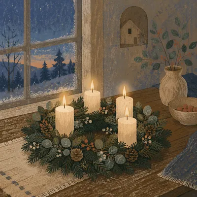 Four Lit Advent Candles on Rustic Table
