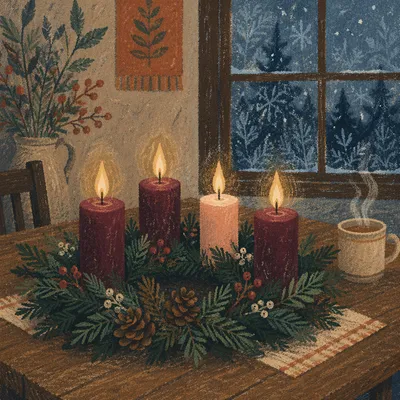 Advent Wreath with Four Glowing Candles