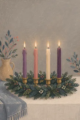 Lit Advent Wreath with Four Candles
