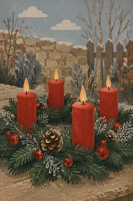 Four Lit Red Candles Advent Wreath
