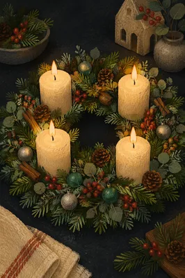 Lit Advent Wreath with Four Candles