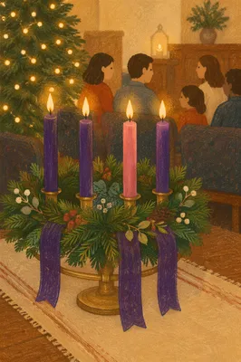 Lit Advent Wreath in Cozy Gathering Space