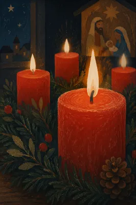 Four Lit Advent Candles in Evergreen Wreath