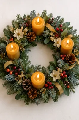 Lit Advent Wreath with Four Golden Candles