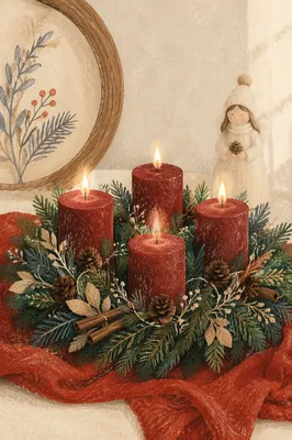 Lit Burgundy Advent Wreath on White Tabletop