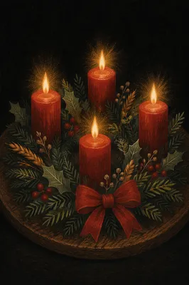 Lit Advent Wreath with Red Candles