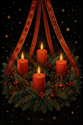 Lit Advent Wreath with Red Candles