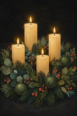 Lit Advent Wreath with Four Ivory Candles