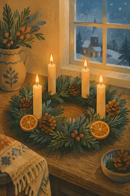 Lit Advent Wreath by Frosted Window