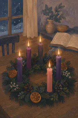 Lit Advent Wreath at Winter Blue Hour