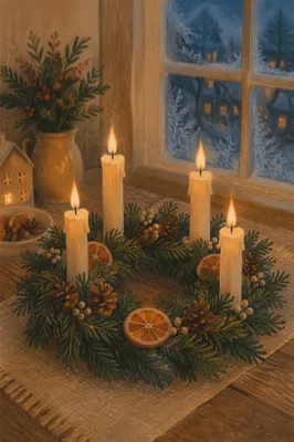 Advent Wreath with Four Lit Candles