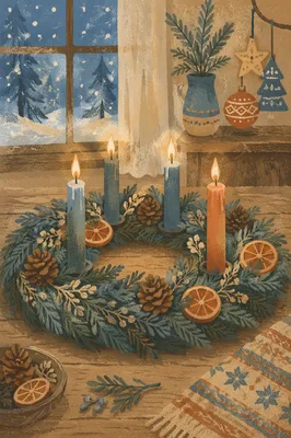 Four Lit Candles on Rustic Advent Wreath