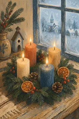 Rustic Advent Wreath with Four Lit Candles