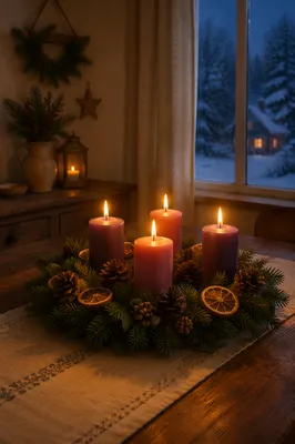 Four Lit Advent Candles at Twilight
