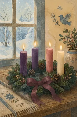Four Lit Advent Candles by Winter Window