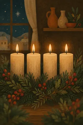 Lit Advent Wreath Candles in Winter Glow