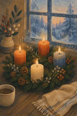 Lit Advent Wreath at Winter Dawn