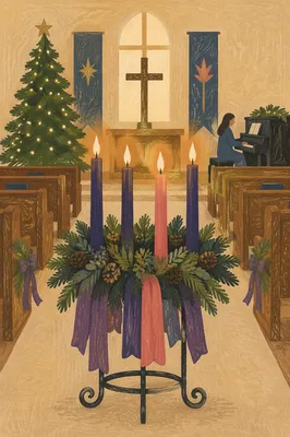 Four Lit Advent Candles in Church Sanctuary