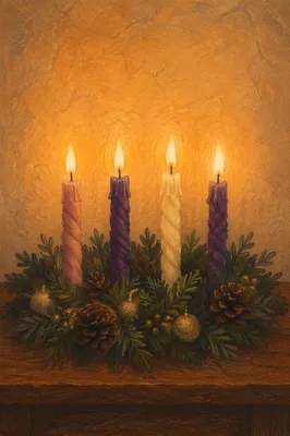Lit Advent Wreath with Four Candles