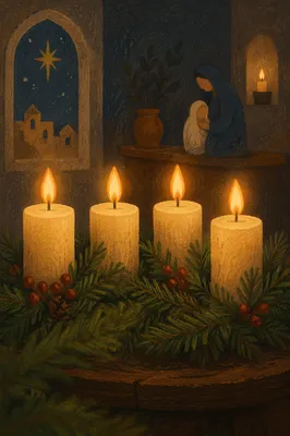 Four Lit Advent Candles with Evergreen Wreath