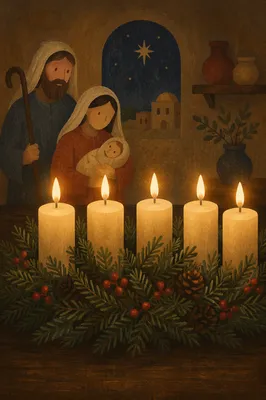 Four Lit Advent Candles on Evergreen Wreath