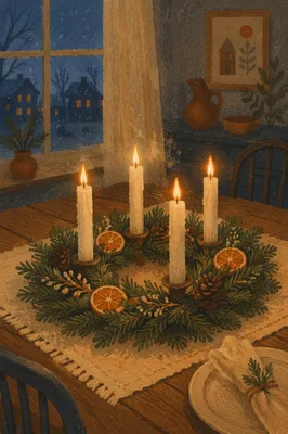Four Lit Advent Candles on Rustic Wreath