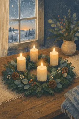 Advent Wreath With Four Lit Candles