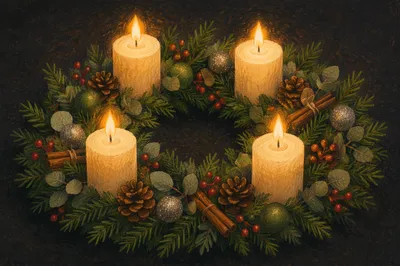 Four Lit Candles on Advent Wreath