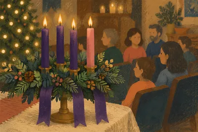 Lit Advent Wreath in Cozy Gathering Space