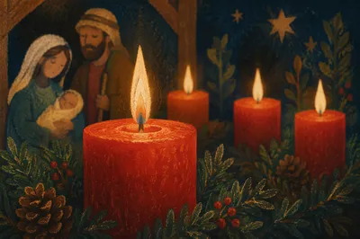 Four Lit Red Candles Advent Wreath