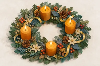 Lit Advent Wreath with Gold Candles