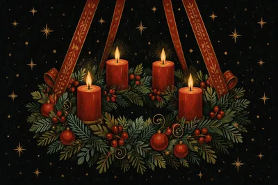 Lit Advent Wreath with Red Candles