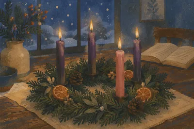 Advent Wreath with Four Lit Candles