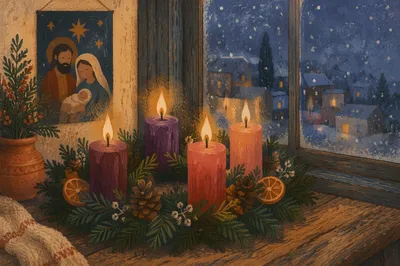 Four Lit Advent Candles by Frosted Window
