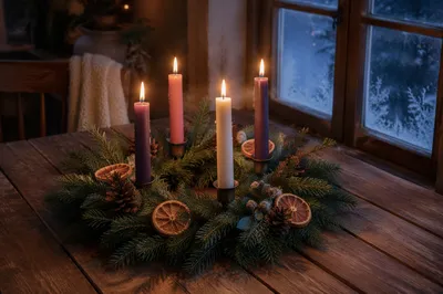 Lit Advent Wreath by Frosted Winter Window