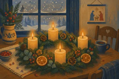 Advent Wreath with Four Lit Candles