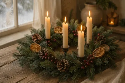 Advent Wreath with Four Lit Candles