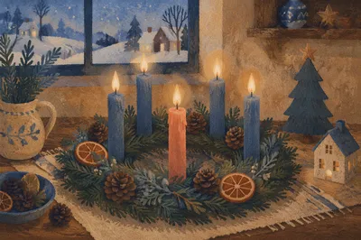 Handcrafted Advent Wreath with Four Lit Candles