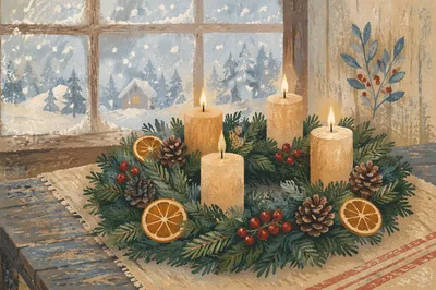 Rustic Advent Wreath With Four Lit Candles