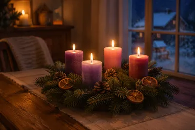 Four Lit Advent Candles on Rustic Wreath