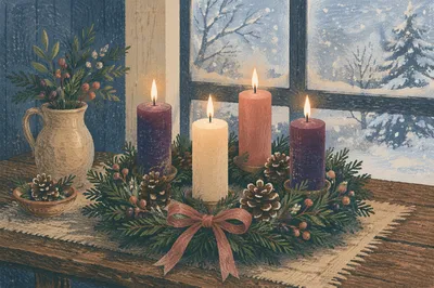 Advent Wreath with Four Lit Candles