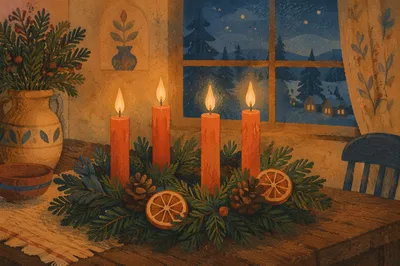 Four Lit Advent Candles on Rustic Wreath